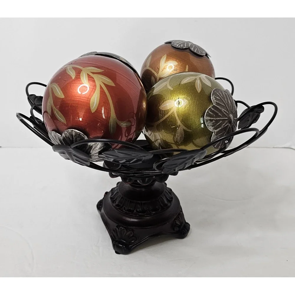Metal Pedestal Bowl With Fall Colored Decorative Balls